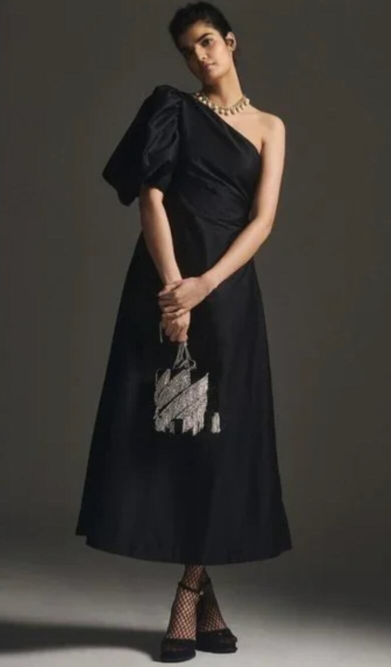 Anthropologie Aureta One-Shoulder Puff-Sleeve Black Formal Gown Dress Small. New